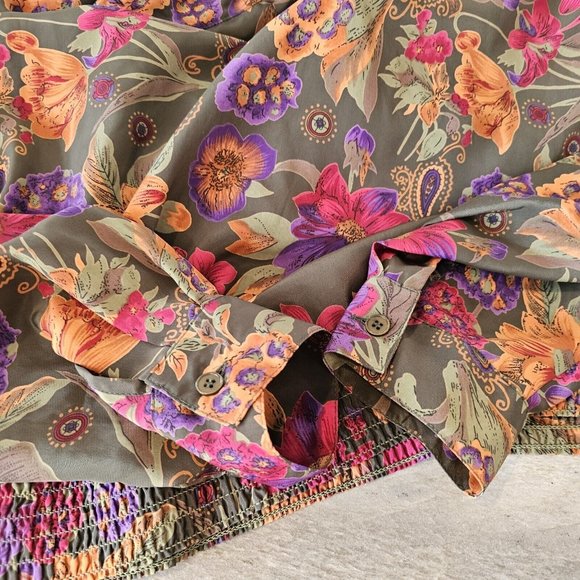 VTG 80s 90s L Green Floral‎ Longsleeve Blouse Colorful Collared Smocked Waist - Picture 5 of 8